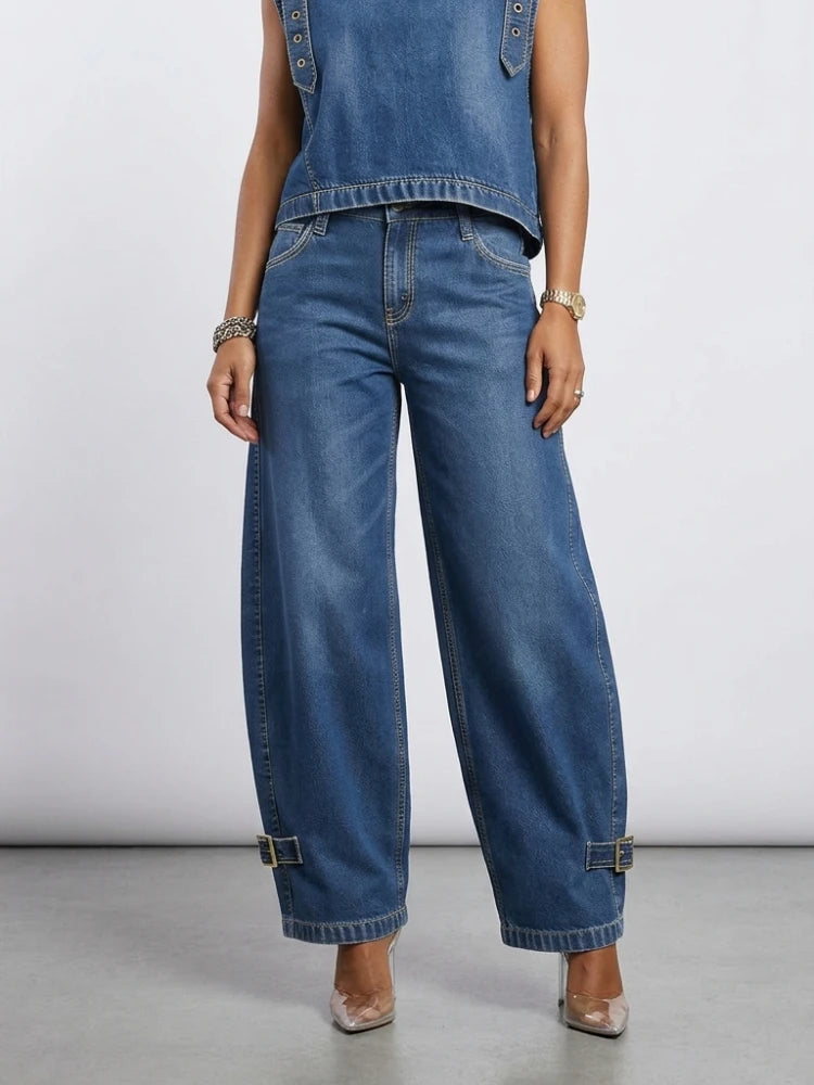 Jeans a Vita Alta e Gamba Larga da Donna, Estate 2026, Stile Retrò Streetwear, Pantaloni in Denim con Fibbie, Casual per il Quotidiano