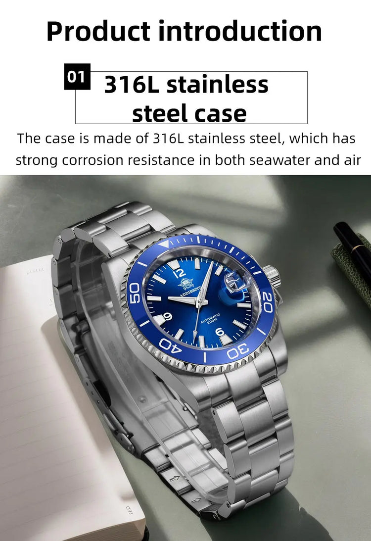 ADDIESDIVE Men Fashion Diving Mechanical Watch, Sapphire Crystal 20Bar Ceramic Bezel Super Luminous Stainless Steel Personalized