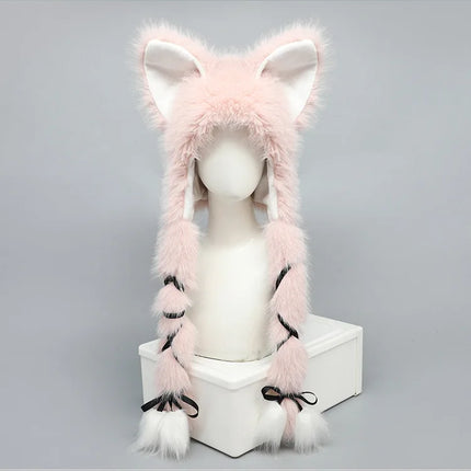 Long Plush Cat Ear Hat Fox Ear Double Braid Caps Cute Lolita Anime Fall Winter Cap Y2K Anime Cosplay Accessories