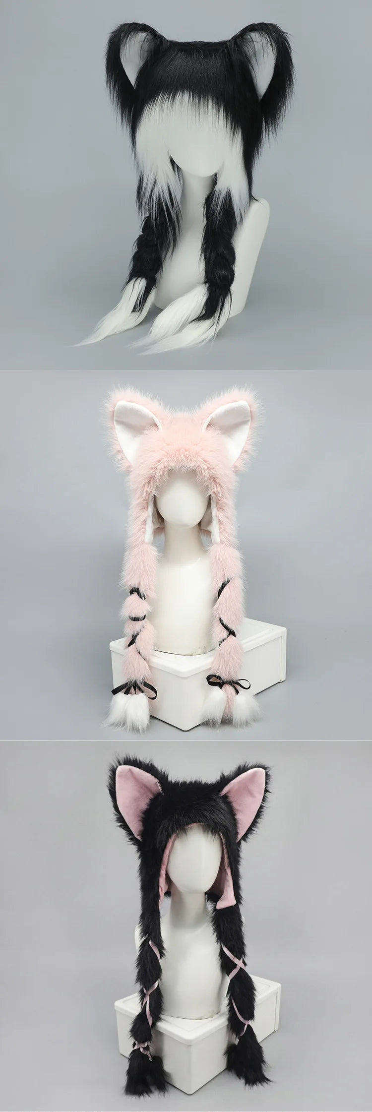 Long Plush Cat Ear Hat Fox Ear Double Braid Caps Cute Lolita Anime Fall Winter Cap Y2K Anime Cosplay Accessories