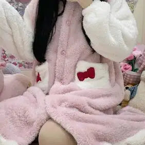 2025 Hello Kitty Pajamas Women'S Autumn And Winter Coral Velvet Thickened Bathrobe Cute Winter Nightgown Long Women'S Suit