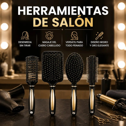 Set of 4 Professional Hair Brushes in Black and Gold, Hairdressing Kit with Paddle, Round, Oval and Ventilated Brushes for Detangling and Styling All Hair Types