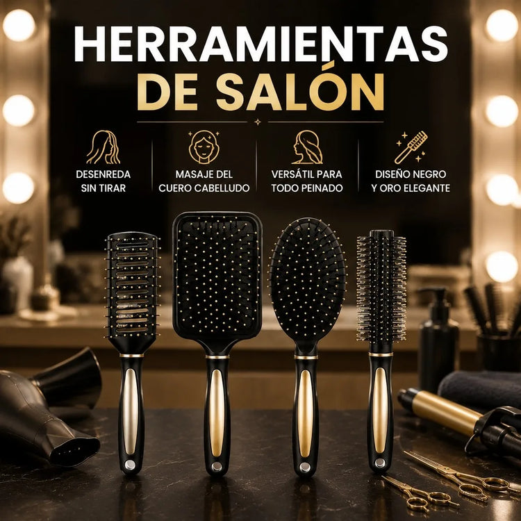 Set of 4 Professional Hair Brushes in Black and Gold, Hairdressing Kit with Paddle, Round, Oval and Ventilated Brushes for Detangling and Styling All Hair Types