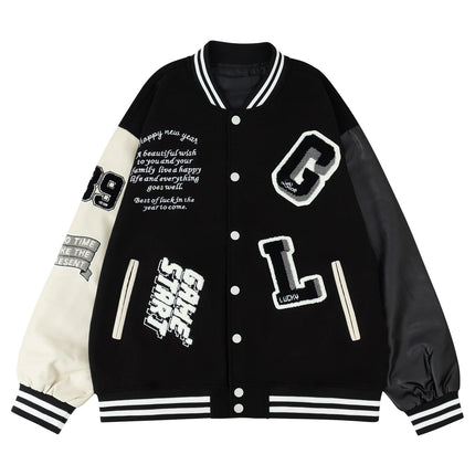 Men's Casual Varsity Jacket Racing Letterman Baseball Coat Vintage Embroidery Outerwear Streetswear with Faux Leather Sleeves