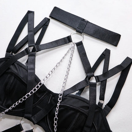 Fashion Sexy Seductive Chain Lingerie Four Piece Set Women's Solid Exotic Apparel Suit Female Stain Pure Desire Style Underwear
