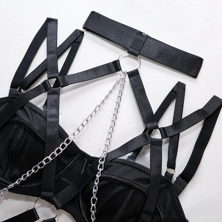 Fashion Sexy Seductive Chain Lingerie Four Piece Set Women's Solid Exotic Apparel Suit Female Stain Pure Desire Style Underwear