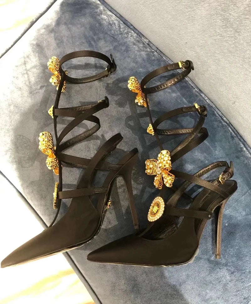 Sex Pointed Toe Bow-knot Female Pumps Crystal Fine Heels Women Sandals Buckle Strap Stiletto Lady Dress Shoes Zapatos Mujer