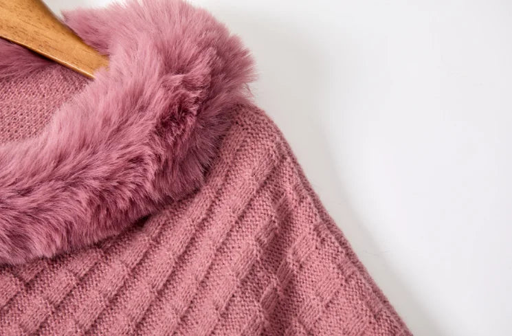 European and American Fall/Winter New Arrival Knitted Pattern Women's Wraparound Faux Fur Collar Pullover Loose Oversized Cape