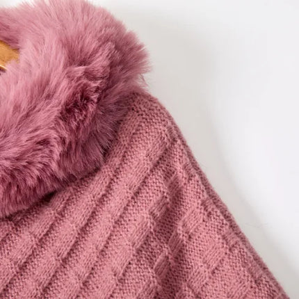 European and American Fall/Winter New Arrival Knitted Pattern Women's Wraparound Faux Fur Collar Pullover Loose Oversized Cape