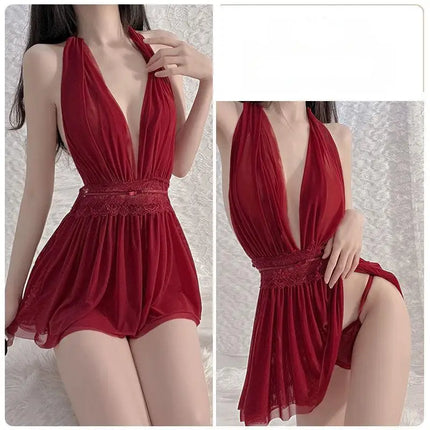 Sexy off-shoulder chiffon lingerie, deep V-neck backless dress, pajamas, uniforms, sheer nightgowns, temperament lingerie.