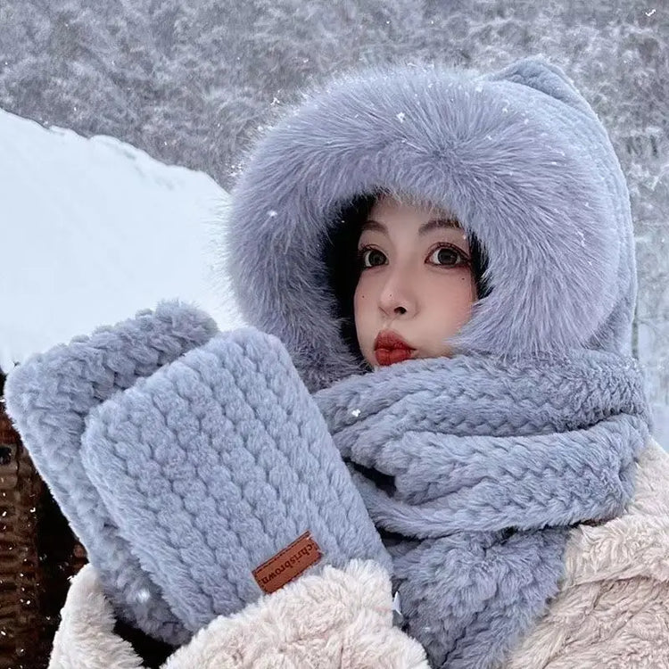 New Fashion Scarf Hat Glove Women Cute Big Ear Bunny Beanie Winter Warm Soft Thickening Pocket Warm Ear Hats Hooded Skullie Caps