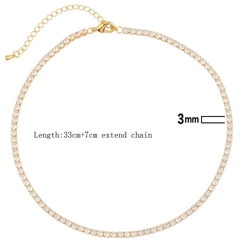 Lusso AAA + 3mm CZ 1 fila lucida catena da tennis collana HipHop ghiacciato Bling zircone cubico girocollo gioielli placcati in oro per le donne