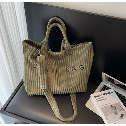 Large Capacity Striped Velvet Handbag Shoulder Bag for Woman Handbags Crossbody Bags, Versatile Letter Corduroy Women's Tote Bag PlatiNum