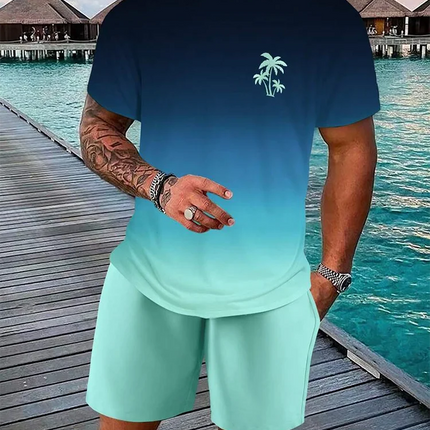 Men's Short Sleeve Gradient Print Shorts Set Fashion Hawaiian Men's Set Casual Summer Men's T-shirt Outdoor Beach Men's Shorts