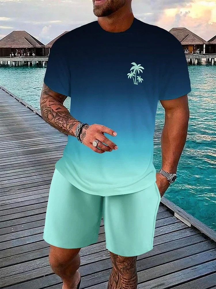 Pantaloncini a maniche corte da uomo con stampa sfumata Set Set di moda da uomo hawaiano T-shirt casual da uomo estiva Pantaloncini da uomo da spiaggia all'aperto