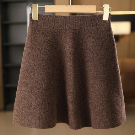 Women's Wool Skirt Autumn Winter Elastic Waist Mini A-Line Cashmere Skirt 100% Merino Wool Knitted Above Knee Preppy Style Dress PlatiNum