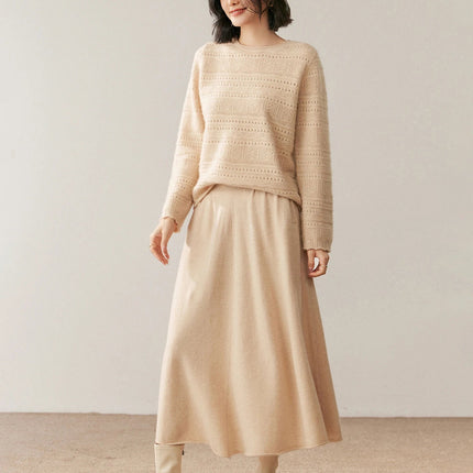 Women's 100% Pure Cashmere Skirt Autumn Winter Mid-calf A-line Knitted Full Skirt High Waist Soild Dress Elegant Basic High-end PlatiNum