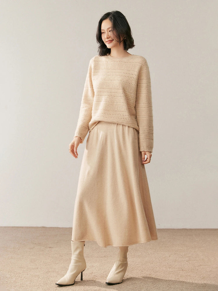 Women's 100% Pure Cashmere Skirt Autumn Winter Mid-calf A-line Knitted Full Skirt High Waist Soild Dress Elegant Basic High-end PlatiNum