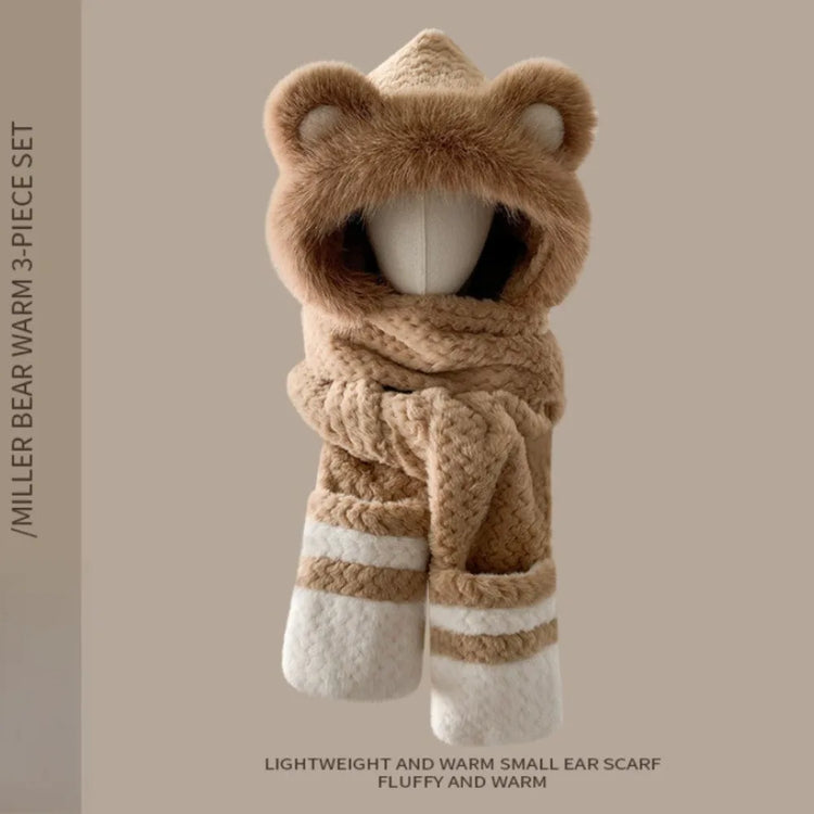 Three-in-one hat Winter Women's Plus  Bear Hat Scarf Gloves One-piece Hooded Cute Warm Plush Three-piece Suit To Prevent Cold