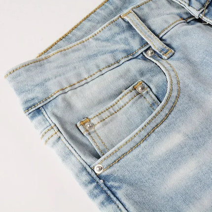 High Street Jeans Patch Hand-worn Holes Slim Skinny Jeans for Men PlatiNum