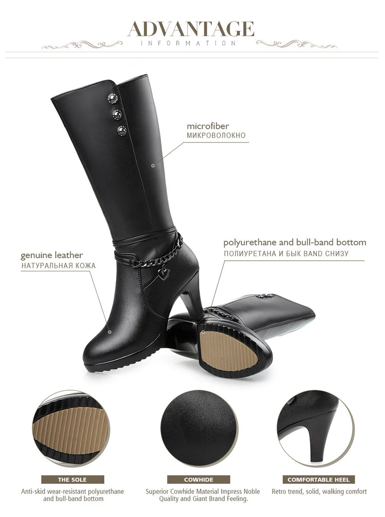 AIYUQI Female Winter Shoes Woman Boots High-Heeled Genuine Leather Motorcycle Boots Thick Wool Warm Winter Boots Riding Boot