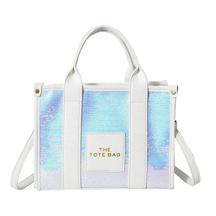 Sequins Top-Handle Bags Fashion PU Leather Shoulder Bag Large Capacity Travel Handbag Women Trendy Casual Satchel Tote Purse PlatiNum