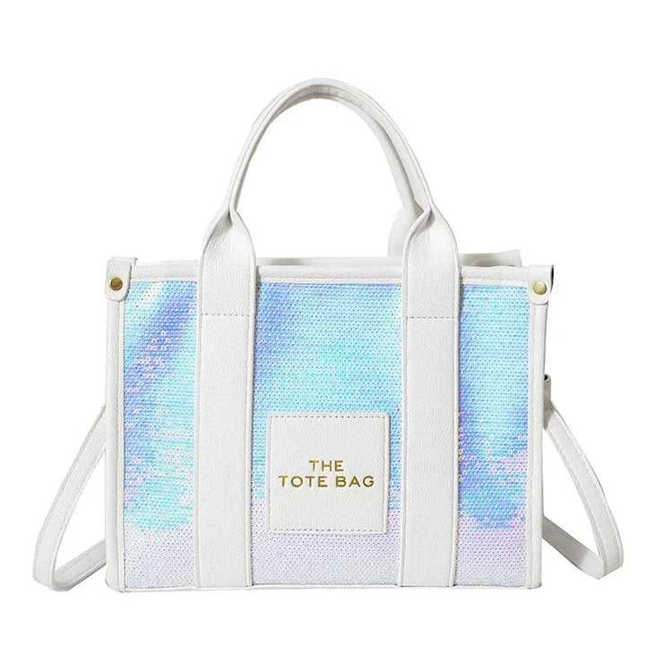 Sequins Top-Handle Bags Fashion PU Leather Shoulder Bag Large Capacity Travel Handbag Women Trendy Casual Satchel Tote Purse PlatiNum