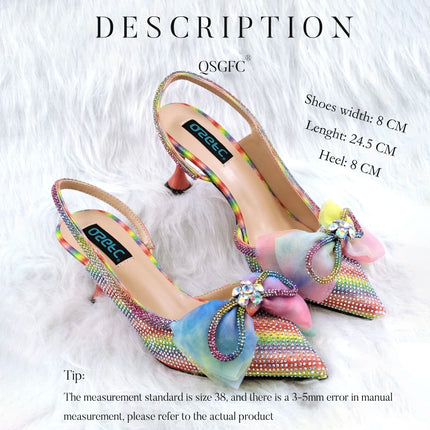 L'ultimo stile INS a punta con strass bocca poco profonda temperamento tacchi alti colore arcobaleno scarpe e borse da donna