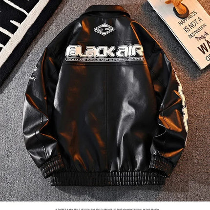 2026 New Men's American Racing Style Printed Leather Jacket Fashion Stand Collar Motorcycle Biker Coat Casual Outerwear PU