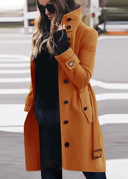 New Solid Color Button Long Wool Coat Autumn Warm Stand Collar Women Coat Fashion Ladies High Neck Pocket Belt Trench Coat