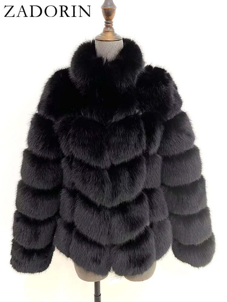 ZADORIN Winter Clothes For Women Stand Collar Splicing Long Sleeve Faux Fur Coat Women Black White Fluffy Jacket Faux Fur Coats