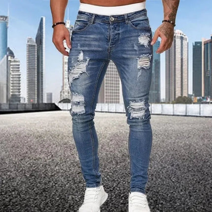 2024 New Retro Ripped Pencil Small Foot Skinny Jeans for Men Motorcycle Streetwear Stretch Straight Casual Slim Jeans Male PlatiNum