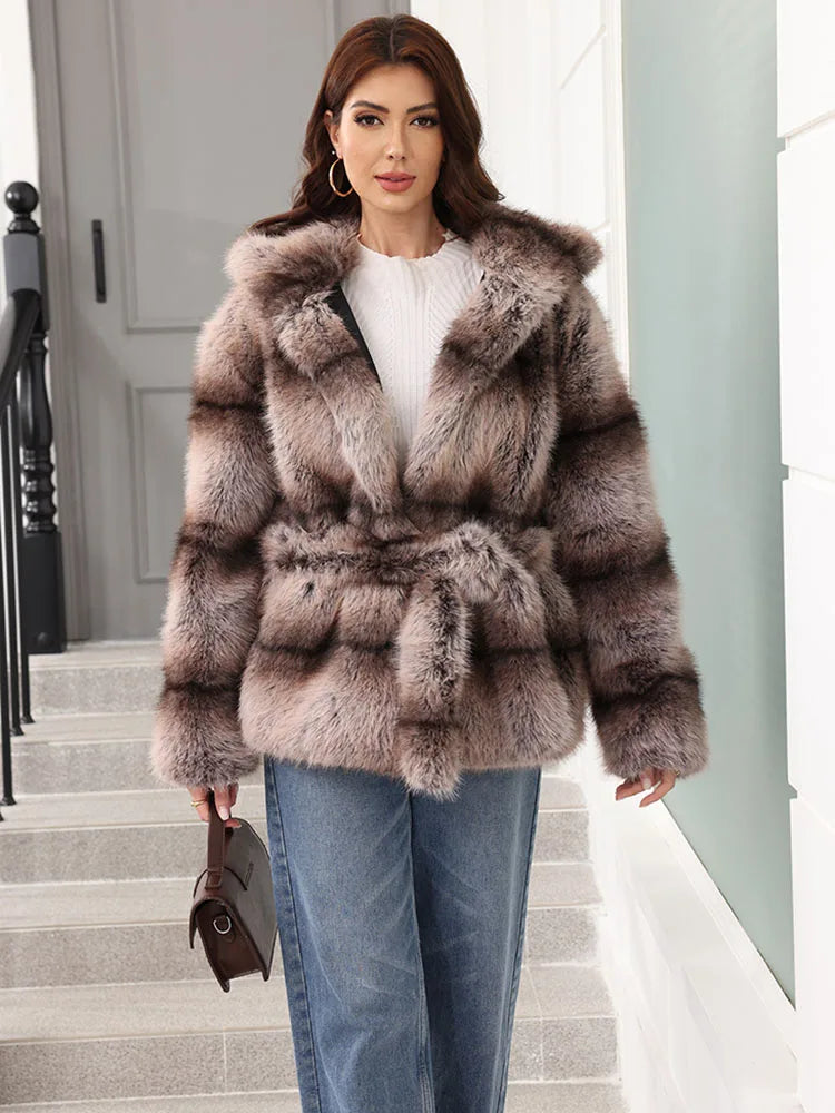 ZADORIN New Stripes Winter Fur Coats Woman Mid Long Hooded Warm Loose Faux Fur Coat For Woman Elegant Belted Fluffy Fur Jacket