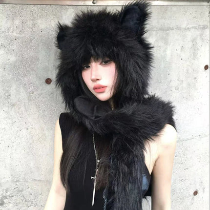 Japanese Kawaii Cute Fur Scarf Hat Winter Keep Warm Y2k Aesthetic Fashion Vintage Cap Bears Ears Women Hats Grunge Streetwear