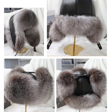 New Winter Men's 100% Real Silver Fox Fur Bomber Hat Raccoon Fur Ushanka Cap Trapper Russian Man Ski Hats Caps Real Leather
