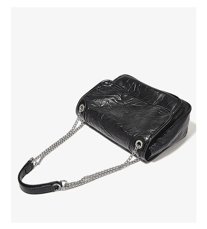 FOXER Women Genuine Leather + PU Shoulder Handbag Classic Fashion Black Tote Chain Bag