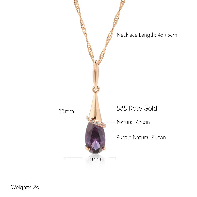 Kinel Fashion 585 Collana con ciondolo lungo color oro rosa per donna Goccia d'acqua Viola Zircone naturale Regalo di gioielli da indossare ogni giorno