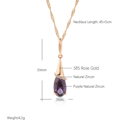 Kinel Fashion 585 Collana con ciondolo lungo color oro rosa per donna Goccia d'acqua Viola Zircone naturale Regalo di gioielli da indossare ogni giorno