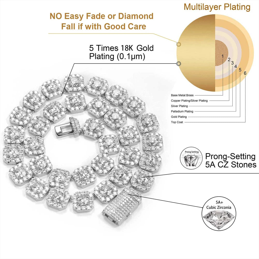 NY 10/12mm Disponibile Catena di zucchero di roccia AAAAA Cubic Zirconia Collana di gioielli stile Hip Hop per uomo e donna