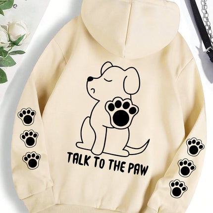 Talk To The Paw Funny Dog Cartoon Print Hoodie Women Warm Fleece Hoody Fashion Casual Hooded Autumn Loose Round Neck Woman Tops
