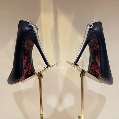 Black Suede Point Toe Strange Style Scepter-Shaped Heel Pumps Gold Silver Metal Fastener Heel Decor Pumps Nightclub Dancing Shoe