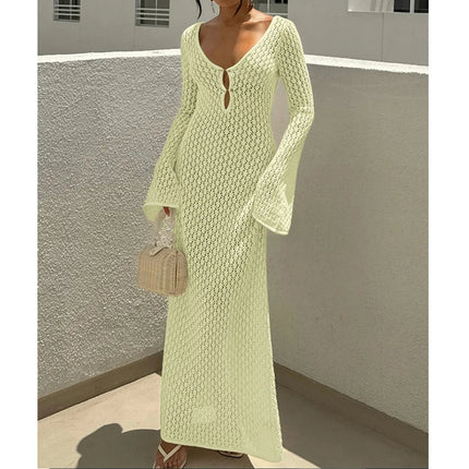Nuovo stile lavorato a maglia scava fuori scollo a V abito a maniche lunghe da donna vacanza al mare bikini senza schienale copricostume protezione solare abito lungo platinumshop