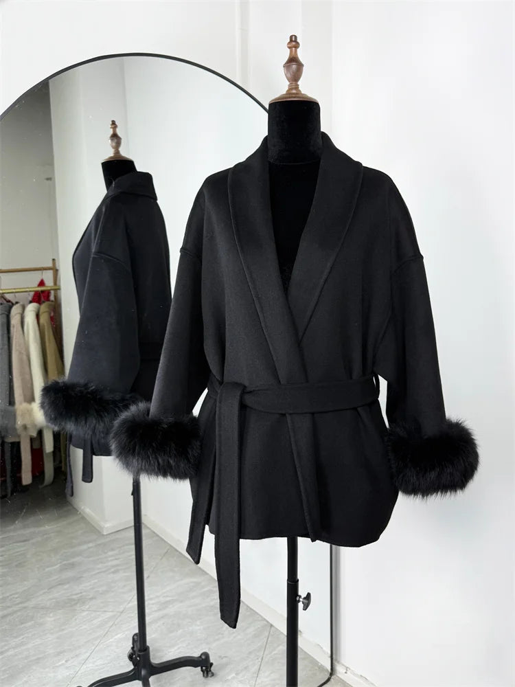 Tossy Fox Fur Wool Overcoat Women's Short Coat Office Lady Elegant Double-sided Woolen Coat 2025 New Cardigan Jackets Loose Wool