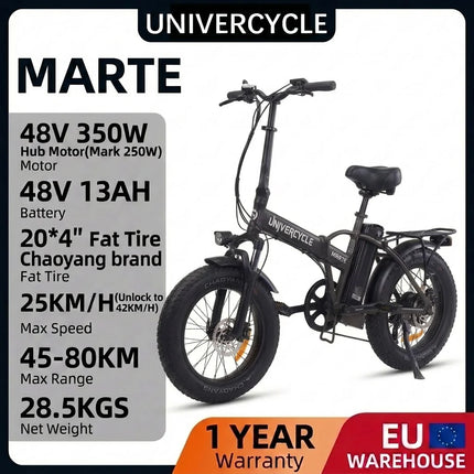 UNIVERCYCLE B3 MARTE Bici elettrica pieghevole, motore 350W potente 25 km/h, 48V 13Ah, doppia sospensione, pneumatici larghi 20×4 pollici Chaoyang, autonomia 45-80 km, per adulti