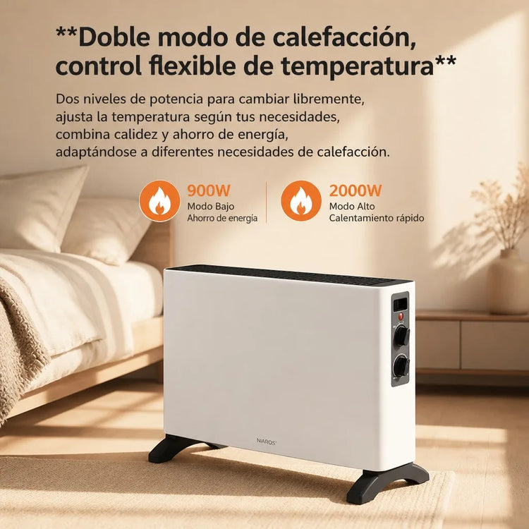 2000W Electric Convector Heater for Home, Portable Heater with Adjustable Thermostat and 2 Power Levels, Coverage of 20-32m², Durable Metal Body, White and Black