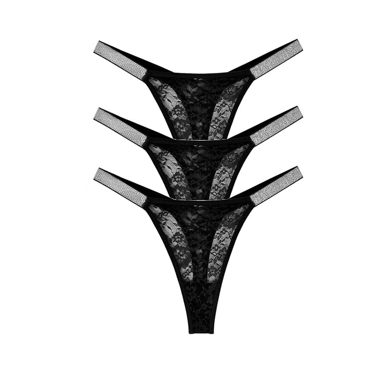 3pcs Sexy Thongs Lace Women Underwear Perspective Floral Panties Low Rise Two Shiny Belts G-string Comfortable Intimate Lingerie