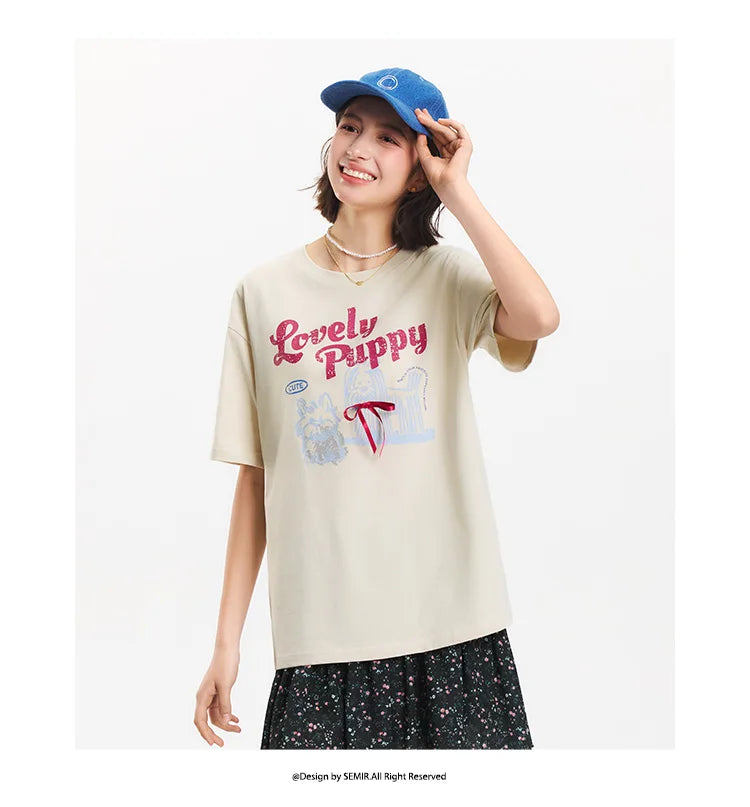 T-shirt a maniche corte Semir da donna, lunghezza media, fantasia carina, stile retrò, nuova collezione estiva 2025, top ampio traspirante, stile di nicchia