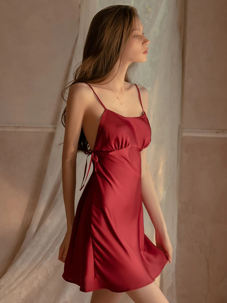 Camicia da notte tentazione con cinturino in vita sottile in seta ghiacciata da donna estiva