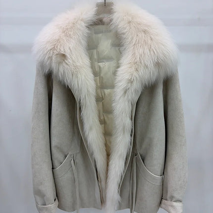 2026 Autumn Winter Women's White Goose Down Coats Natural Real Fox Fur Collar Jacket Outwear Luxury Female Jacket