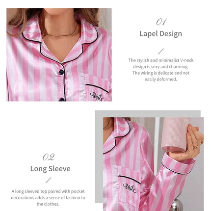 Pigiama da donna in raso con stampa a righe Victoria Autunno Manica lunga Bottoni Risvolto Top e pantaloni Indumenti da notte Comfort Indumenti da notte dalla vestibilità rilassata